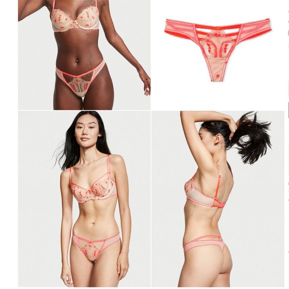 VS DREAM ANGELS Sweetheart Strappy Thong Panty Champagne Coral Blaze NWT - Picture 3 of 16